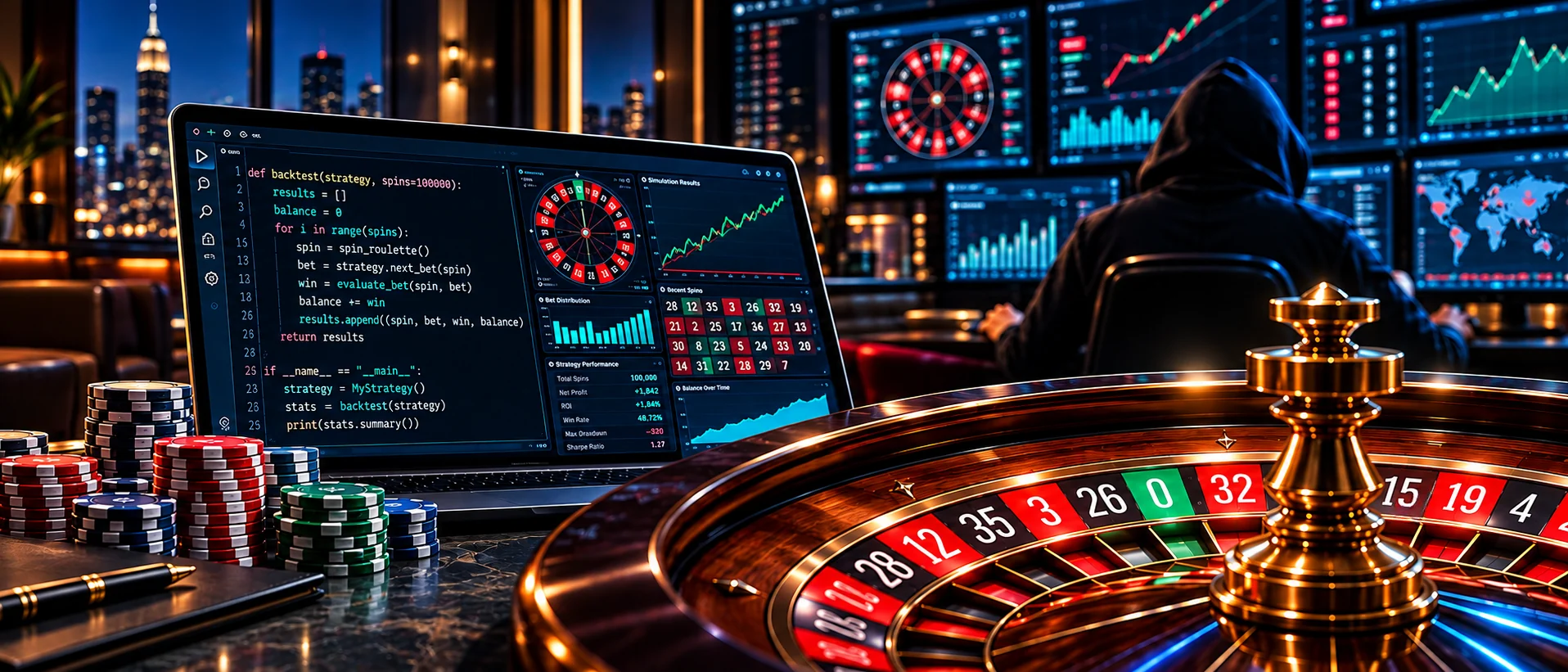 A neon-lit roulette quant trading room with a strategy laptop and roulette wheel